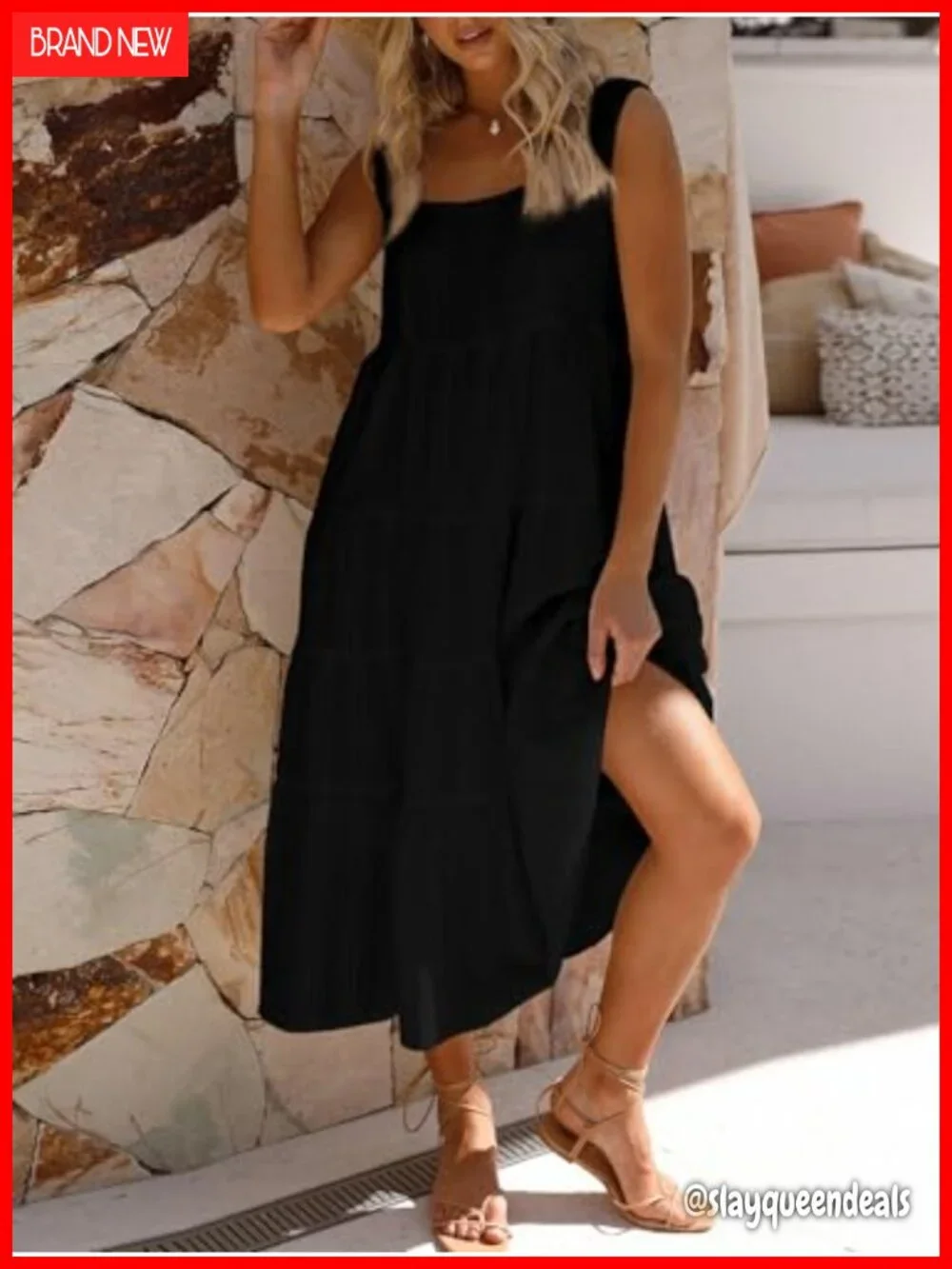 Sleeveless Square Neck Tiered Ruffle Cotton Sundress